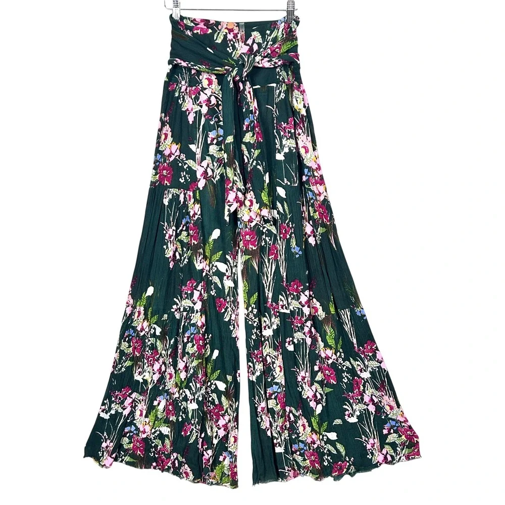 Free People FP One Floral Wide Leg Pants Green Womens Small Boho Gauze Palazzo
